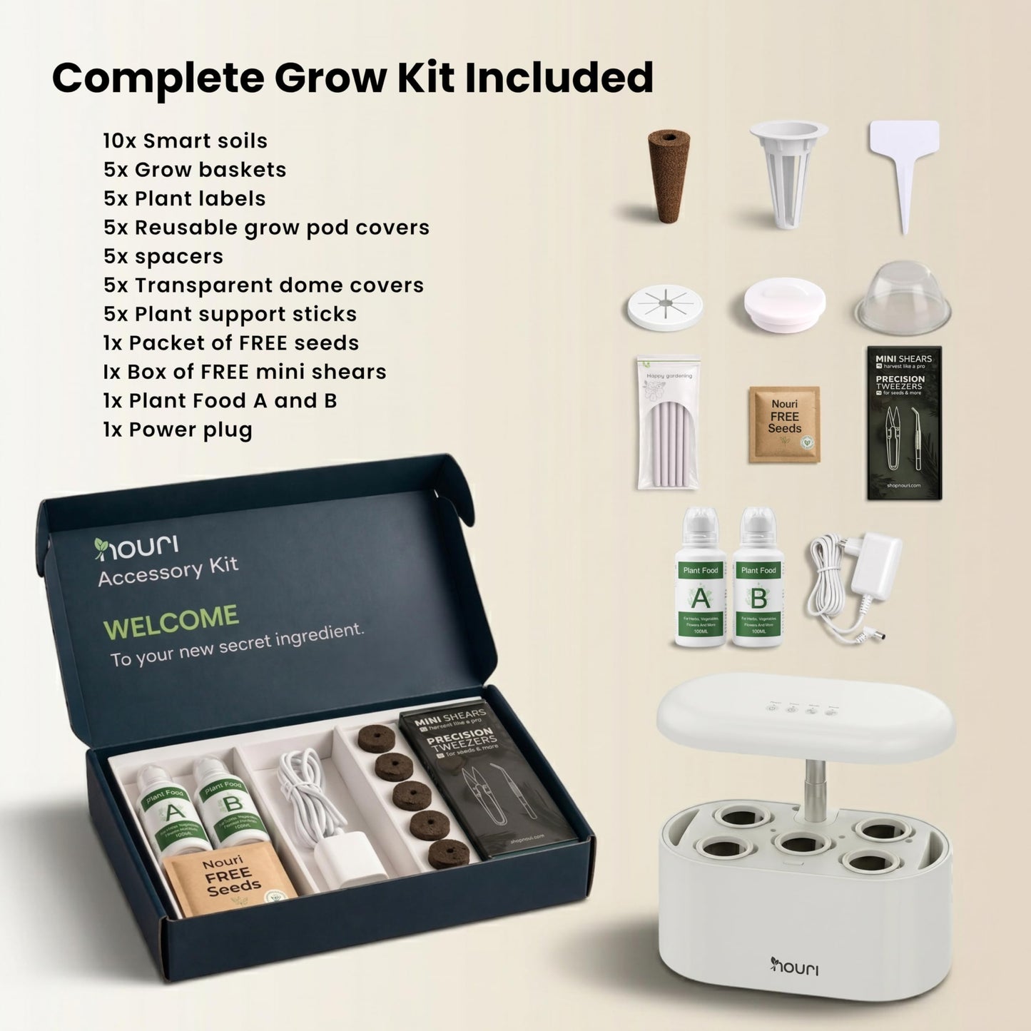 Nouri Hydroponics Growing System, 5 pod Smart Indoor Herb Garden Kit with LED Grow Lights, Hydroponic Herb Garden Indoor for Plant Lovers, Gardeners, Kitchen, Tomato Seeds Included