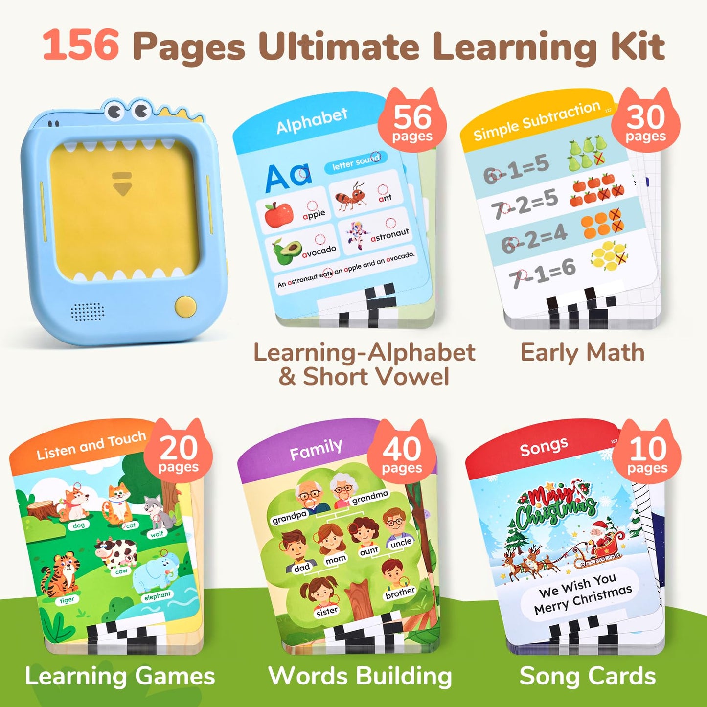 JoyCat Kids Learning Tablet, Phonics Talking Flash Cards, Learn to Read with 156 Pages, 40+ Themes, 600+ Words, 100+ Interactive Games, Screen-Free Toddler Learning Toys Gifts for 2-6 Year Old