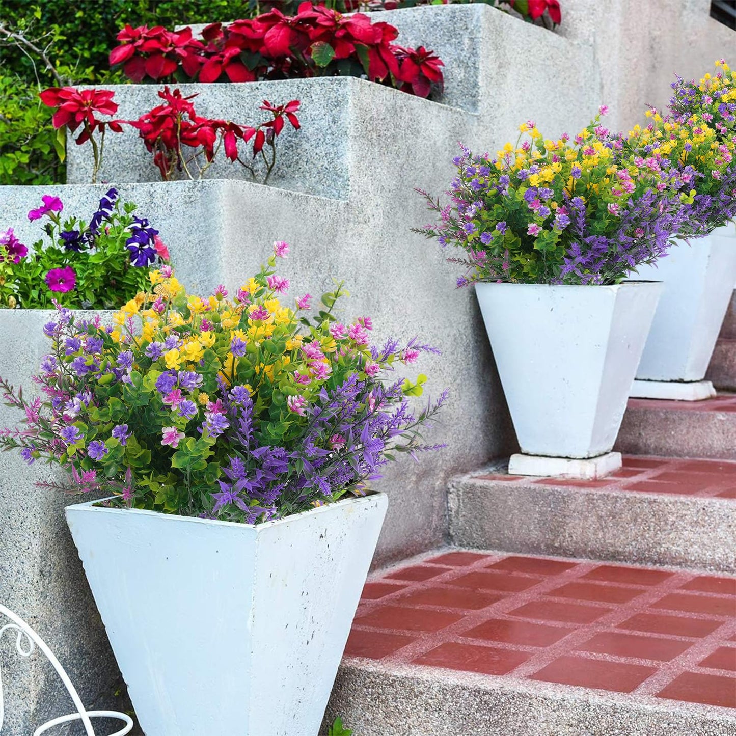 Hananona 12 Pcs Artificial Flowers Outdoor, Faux Artificial Plants UV Resistant Plastic Flower Bulk for Hanging Planter Porch Window Home Wedding Fall Summer Decor (12, Fuchsia, Purple, Yellow, Green)