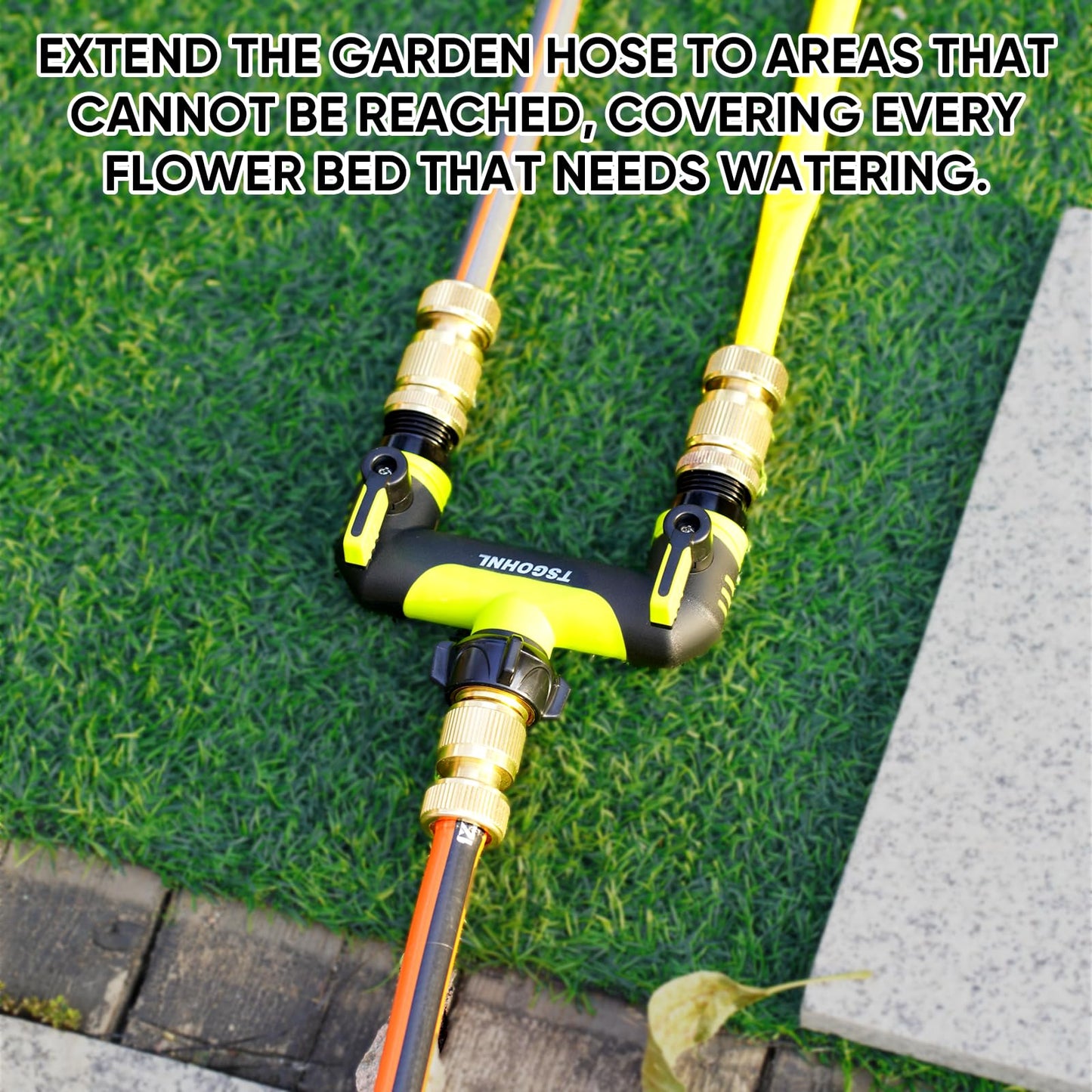 2 Way Garden Hose Splitter, 3/4 Inch Outdoor Faucet Splitter, Hose Manifold with Independent Shut Off Valves, Wide Spacing for Hose Timers, Sprinklers, Lawn, Yard and Garden Watering - Green
