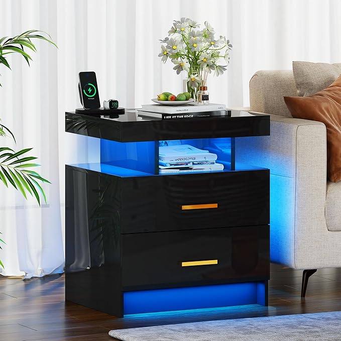 Smart Night Stand with Charging Station, Modern Black Nightstand with 24 Color