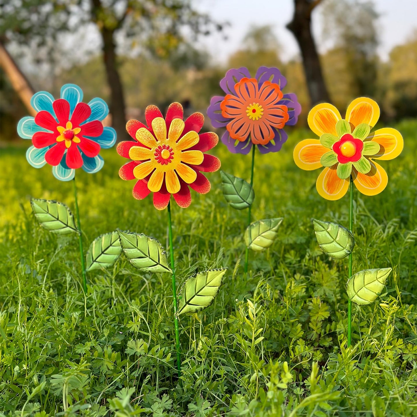 HUTHDAK Metal Flowers for Outside,4 Pack 16.33" Decorative Garden Stakes with Swaying Flowers Head Yard Art,Spring Garden Decor for Lawn, Pathway & Yard