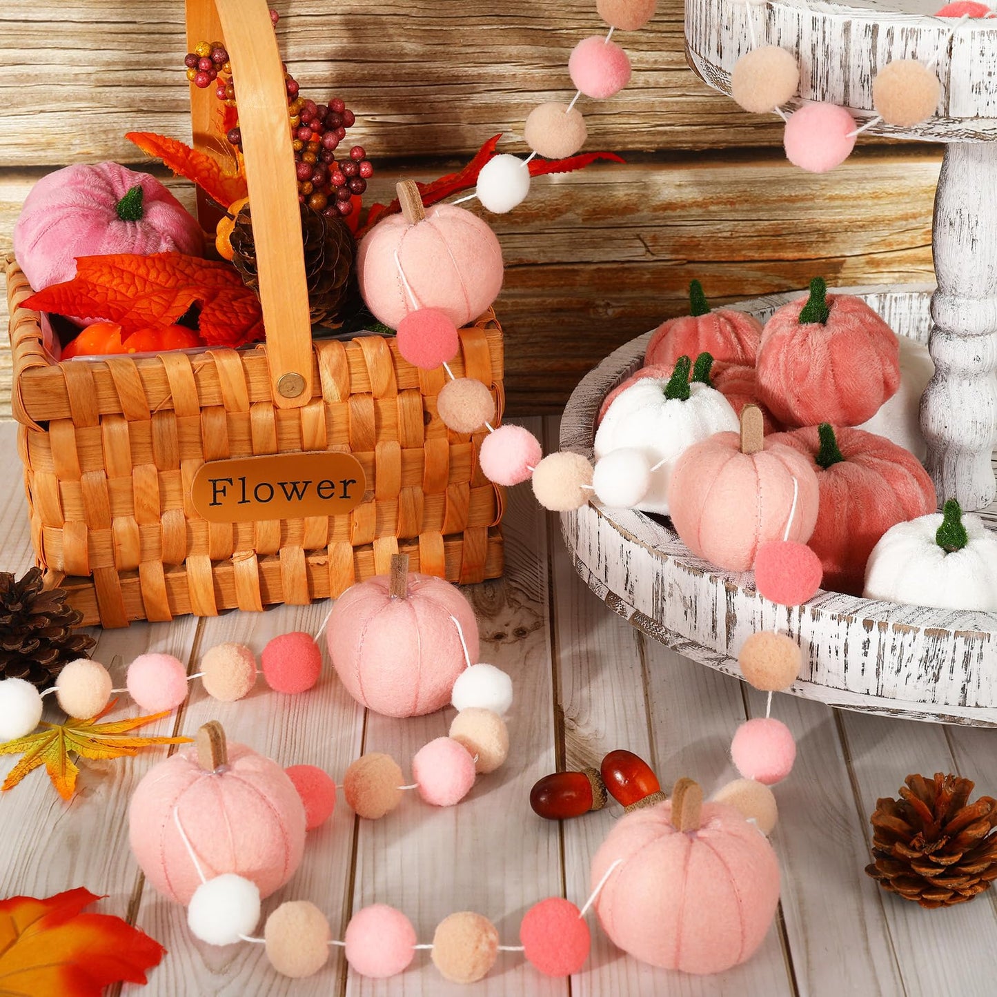 Whaline 8.2Ft Fall Felt Ball Garland Pink Pumpkin Pom Pom Hanging Banner Harvest Pumpkin Felt Ball Garland Cute Autumn Decor for Fall Thanksgiving Festive Party Home Mantel Wall Window