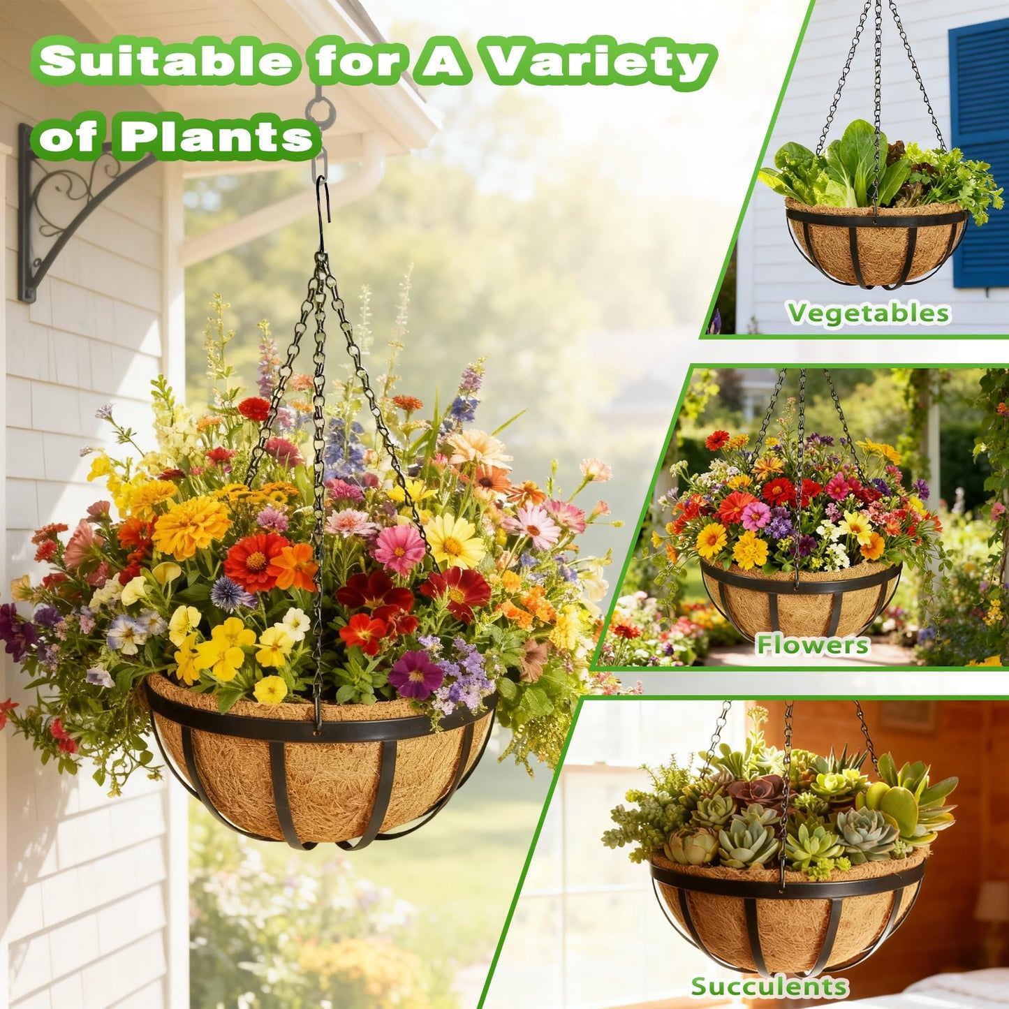 Qusuxi 2 Pack 12 Inch Metal Outdoor Hanging Baskets Black Heavy Duty Hanging Planters with Coco Liners for Indoor Outdoor Plants Gardens Patios Terraces（Flat Iron）