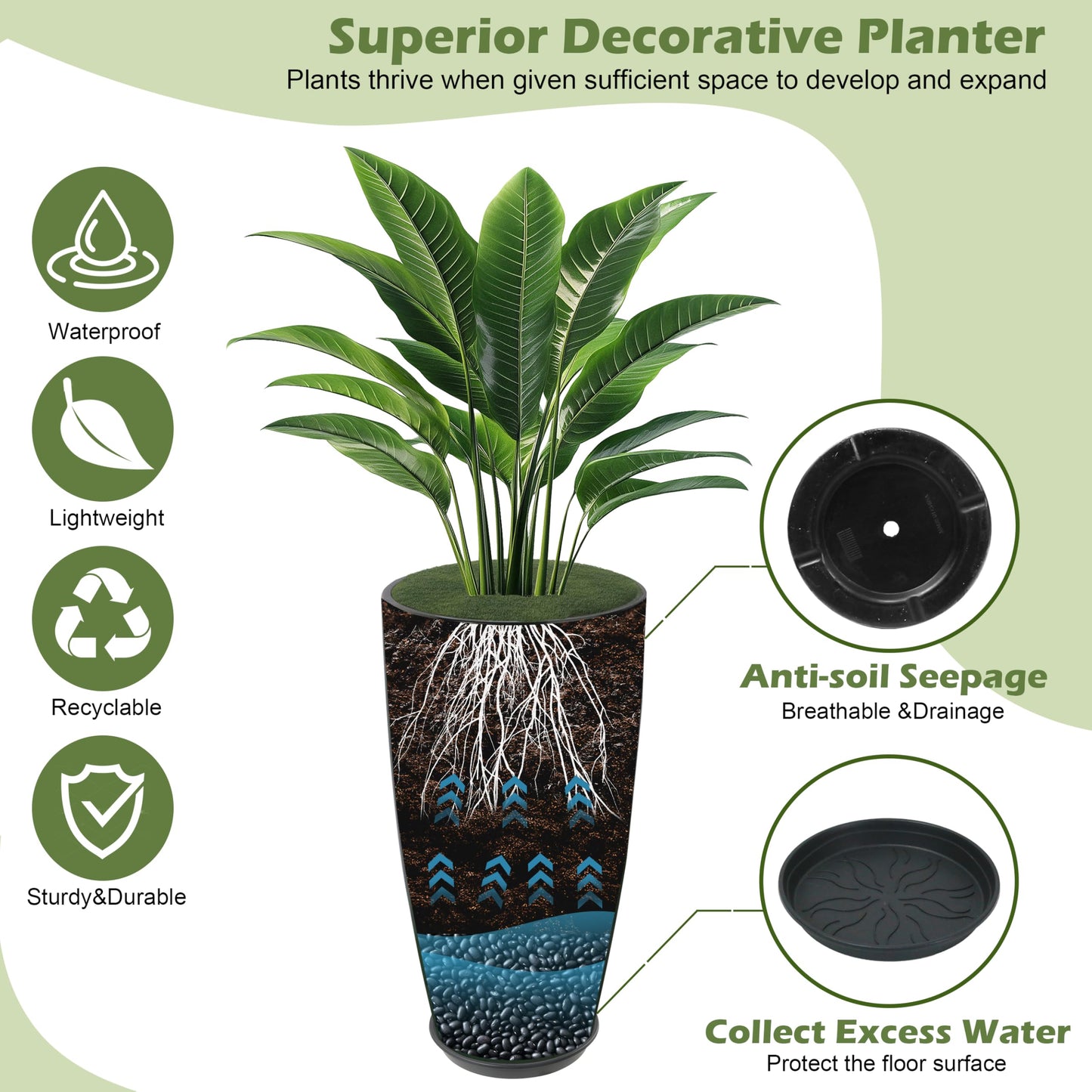 Goldshire 24-21-11 Inch Tall Planters Set of 3, Indoor Outdoor Blue Glossy Round Planter with Drainage Hole and Saucer, Large Decorative Plant Pots for Home Garden Porch (Blue)