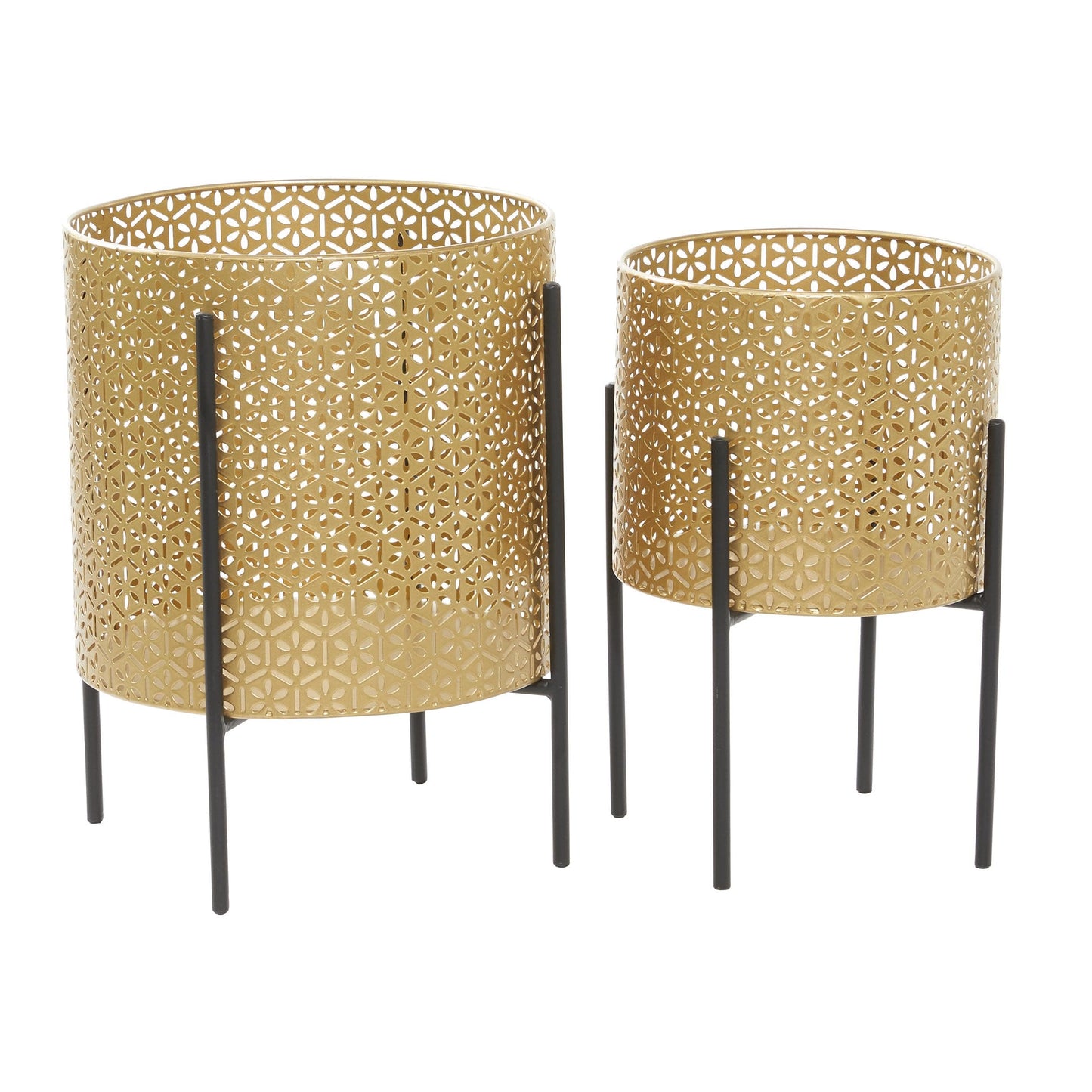 CosmoLiving by Cosmopolitan Metal Indoor Outdoor Planter Floral Cutout Small Planter Pot with Removable Stand, Set of 2 Planters 15", 14"H, Gold