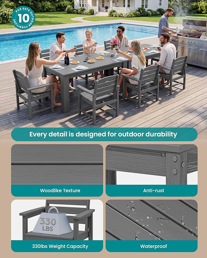 SERWALL HDPE Dining Set for 8: 2 Umbrella Hole Tables + 8 Chairs. Includes 8
