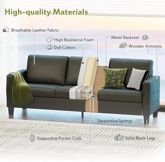 STHOUYN Black Faux Leather 3 Seater Sofa and Accent Chair, Modern Comfy Office