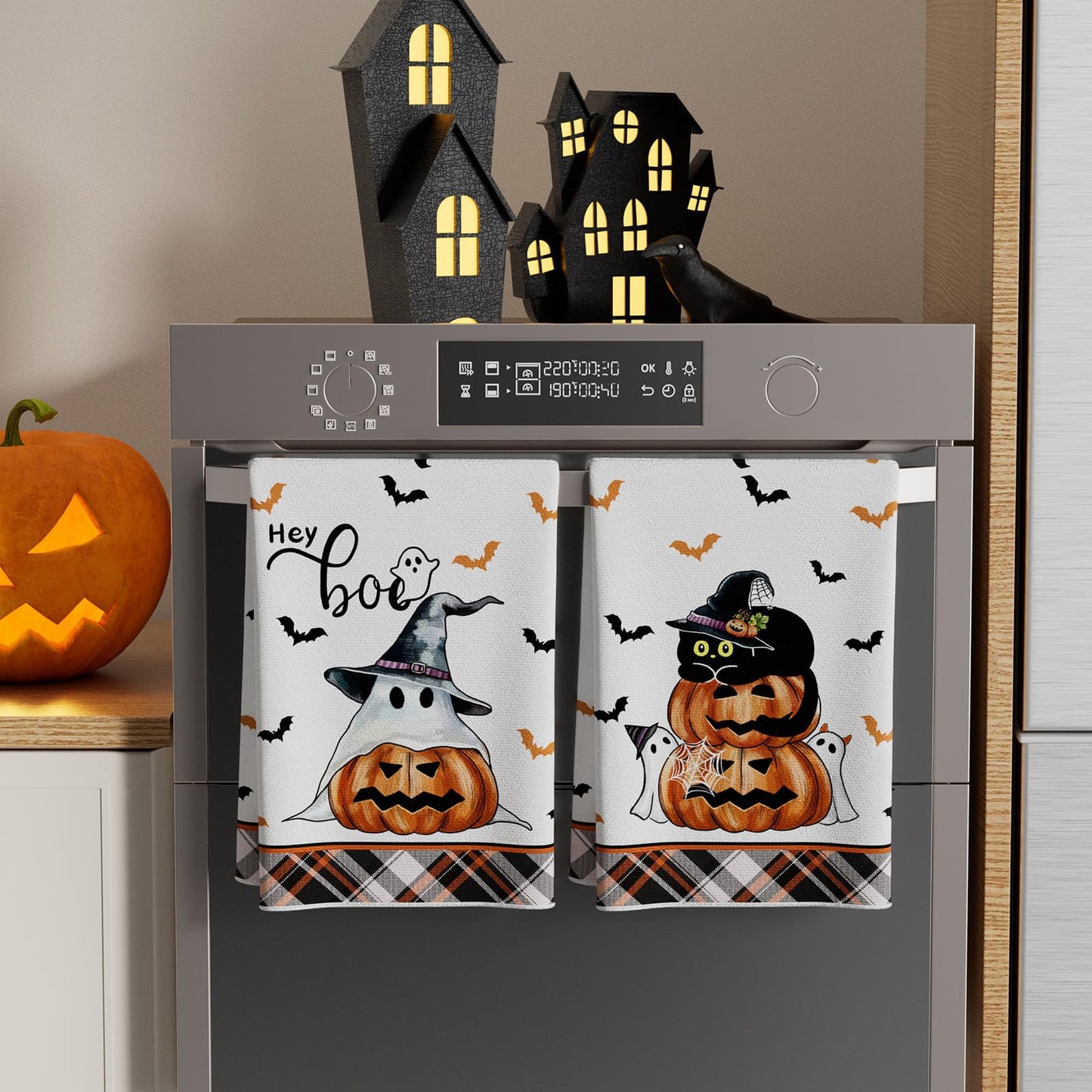 XCHI Halloween Boo Spooky Ghost Cat Kitchen Towels Dish Towels 18x26 Inch Home Kitchen Decorations Hand Towels Set of 2 Drying Dishcloth
