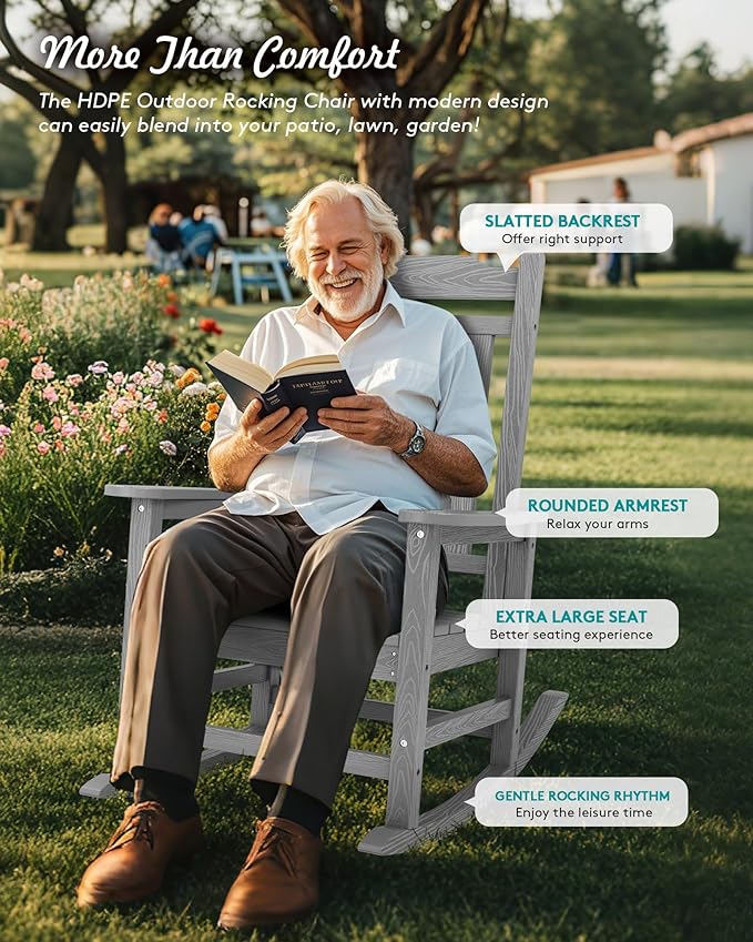 SERWALL Oversized Rocking Chair Outdoor, HDPE Outdoor Rocking Chair, Space Gray