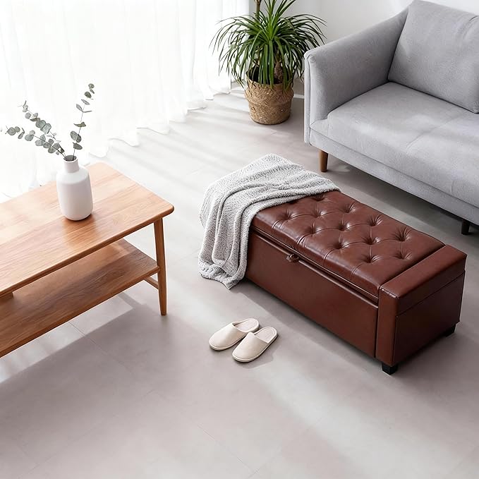 43.31'' Storage Ottoman Bench, Leather Upholstered Tufted Bedroom Bench