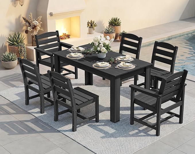 SERWALL HDPE Dining Set for 6: 1 Umbrella Hole Table, 4 Armless + 2 Armchairs.