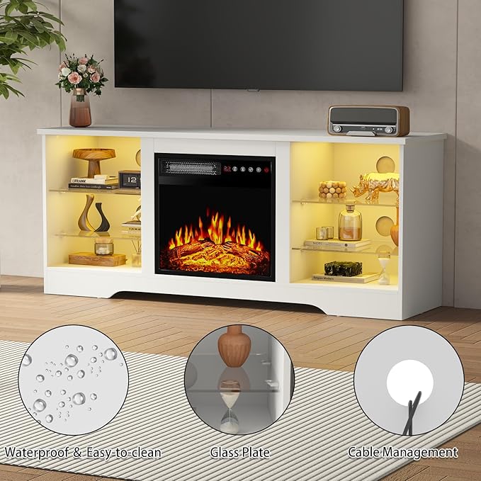 PRETZI Fireplace TV Stand with 18" Fireplace Up to 65" TVs, TV Media Console