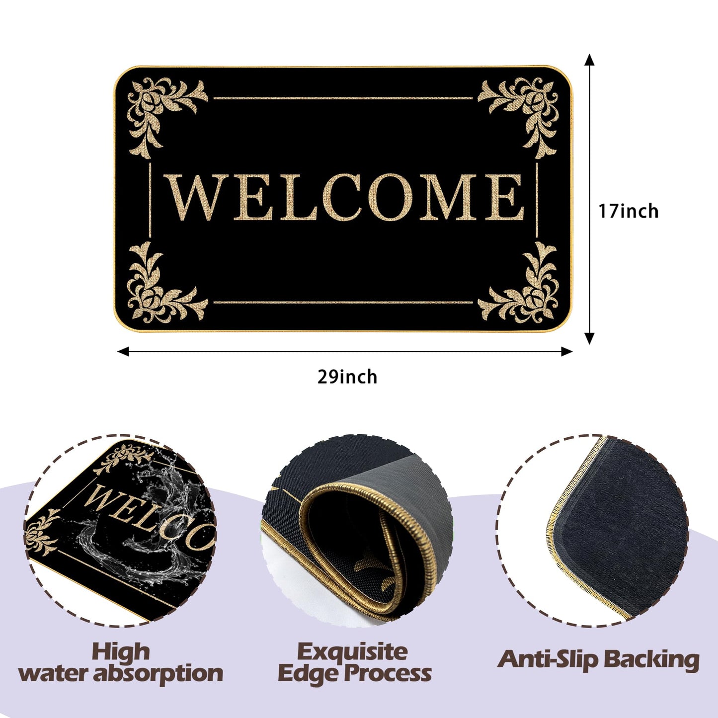 Welcome Mats Duty Sturdy Front Door Mat for Home Entrance Indoor and Outdoor, Garage and Garden Outside Entryway Floor Mat, Non Slip, Fade Resistant, Easy Clean 17 x 29 Inch (Black)