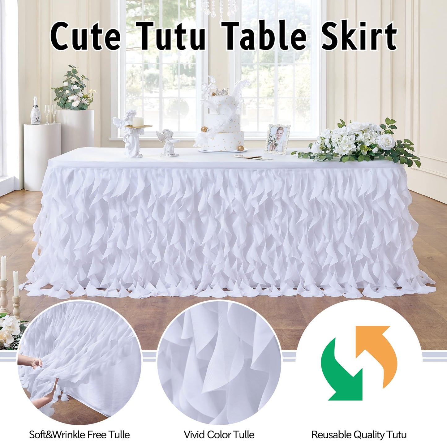 leegleri 72Inch White Tutu Table Skirt for Rectangle&Round Tables-Tulle Curly Willow Table Skirt Decorations, White Ruffle Tablecloth for Wedding Bridal Shower Birthday Party Decorations