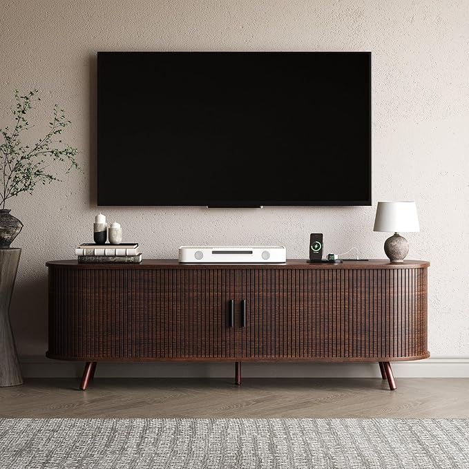 63 inch TV Stand with Power Outlet, Fluted Entertainment Center