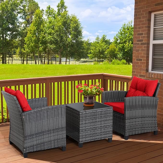 HAPPYGRILL 3 Pieces Patio Conversation Set, Outdoor Furniture Set PE Rattan