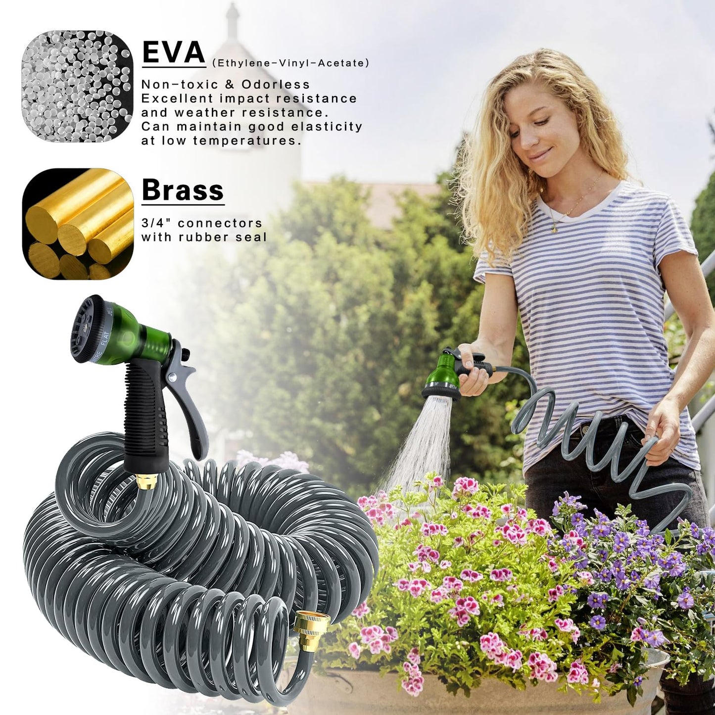 Coil Hose 25FT EVA Coil Garden Hose With 3/4'' Brass Connector Coiled Water Hose Lightweight And No Kink Includes 7 Patterns Spray Nozzle For Outdoors Lawn Watering Car Washing