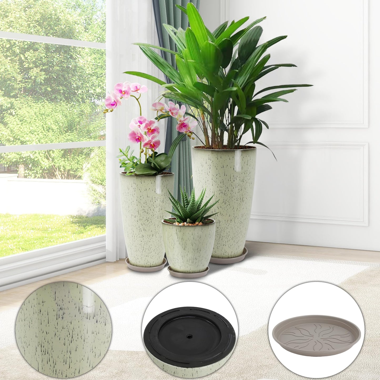 Neoaider 24/21/12 Inch Large Plastic Planter, Lightweight Ceramic-Look Tall Planters with Drain Hole & Saucers, Tall Plastic Planters for Porch, Garden, Patio, Balcony(Drip Glaze)