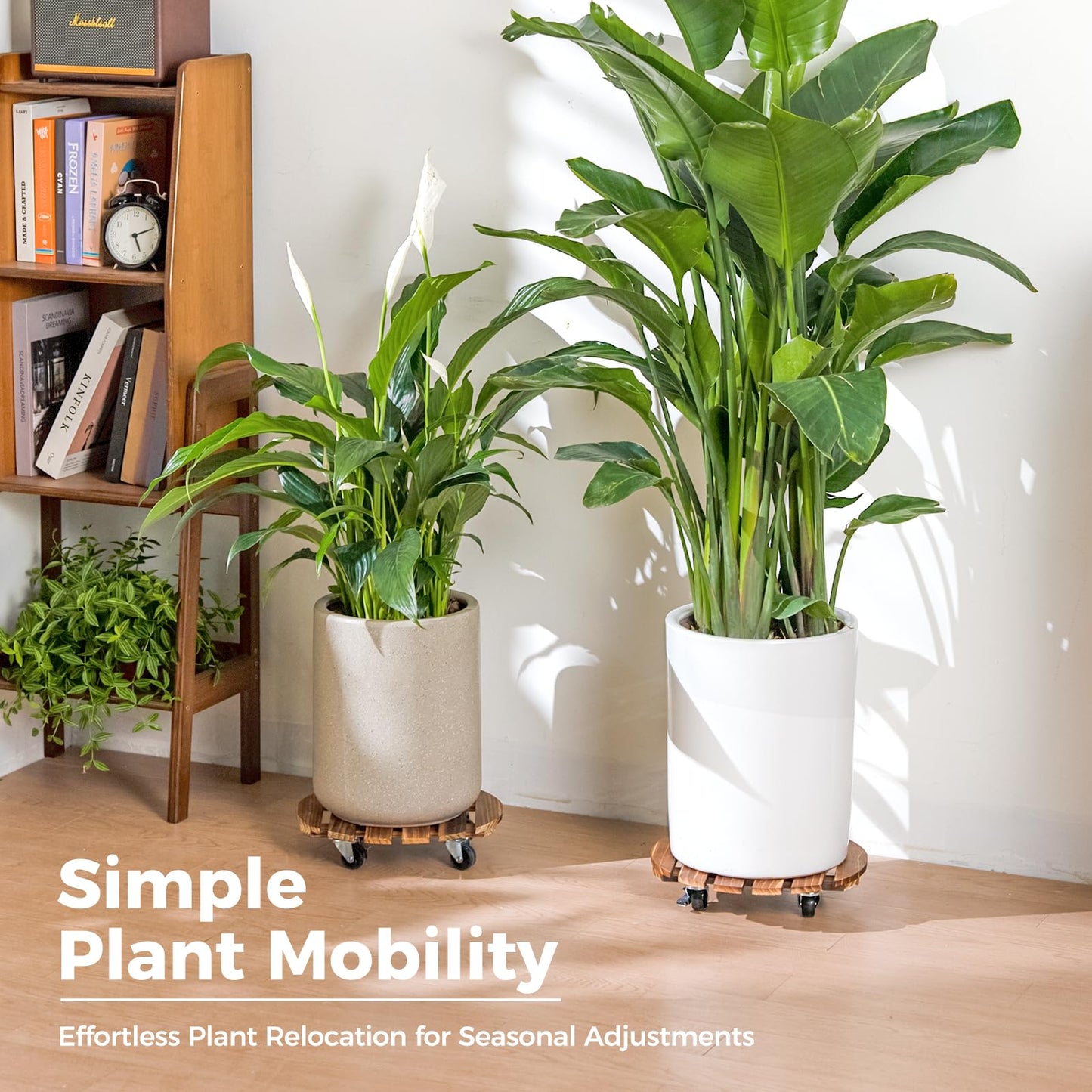Bamworld Plant Stand with Wheels Plant Caddy Outdoor 4 Pack 12in Rolling Planter Caddy with Swiveling and Lockable Caster for Indoor Patio Plant Dolly Wood Wheeled Mobile Roller