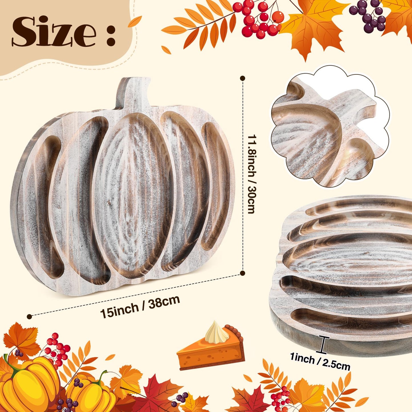 Sliner Fall Pumpkin Wooden Serving Dish Platter Thanksgiving 15" L x 12" W Pumpkin Shaped Charcuterie Board Snack Wood Cutting Board Sectional Dish Plate for Home Gifts(Grey White)