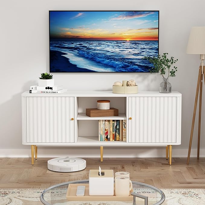 ARTPOWER 55” Fluted TV Stand, Mid Century Modern White TV Stand