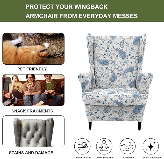 HAOYONG Wing Chair Slipcovers Printed Wingback Chair Covers 2 Pieces Wingback