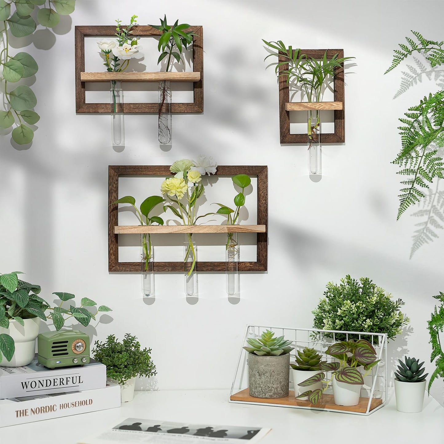 Walasis Wall Planter Propagation Stations - Hanging Glass Terrarium Tube Vase with Wood Shelf for Indoor Plants Cutting - Rustic Wall Decor for Farmhouse