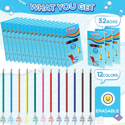32 Sets 384 Pack Erasable Colored Pencils 12 Colors Pencils Smooth Colors with Erasers for Drawing Sketching Coloring Books Kids Adults Beginners Artists School Coloring Supplies