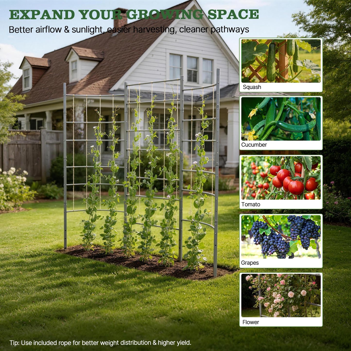 A ANLEOLIFE Garden Panel Trellis for Raised Garden Beds, Heavy-Duty Metal Panel with Crossbars, Bed-Mount or Ground Install, Vertical Support for Tomatoes, Peas & Beans, Quartz Gray