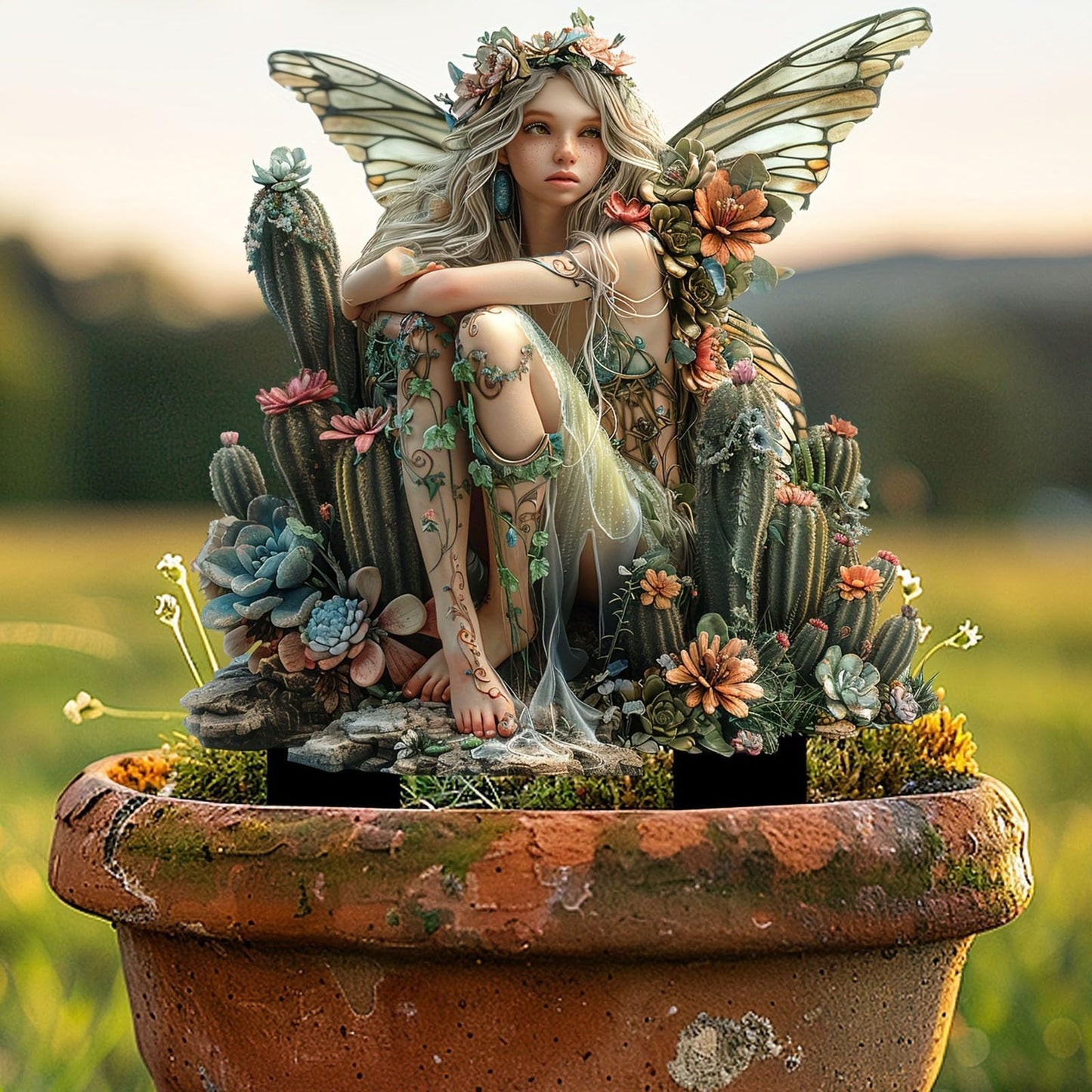 ANNUOZE Fairy Garden Stake Decor, 2D Flat Acrylic Fairy Garden Decor Panel, Elf Yard Sign for Outdoor Indoor Yard Lawn Plants Pots, Fairy Garden Accessories (Cactus Fairy)