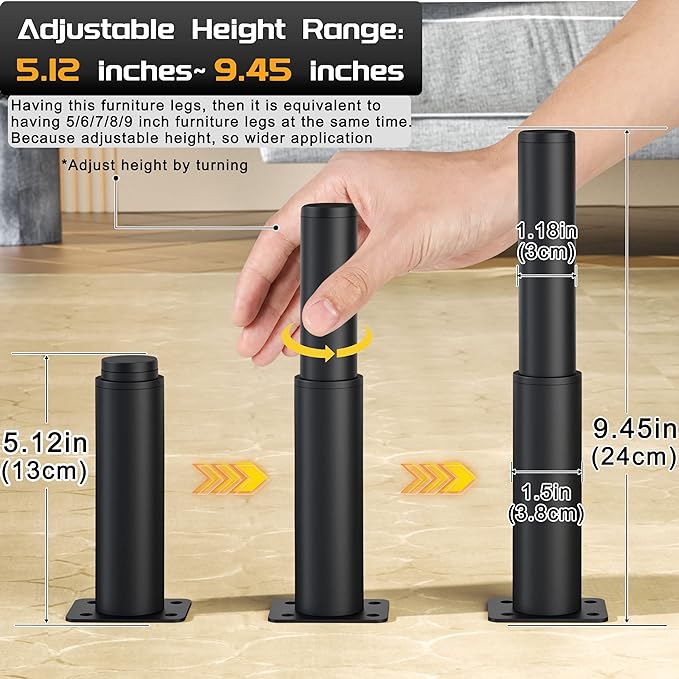 Metal Adjustable Furniture Legs 5.12-9.45 inch, Wlrrcwdttc Sofa Legs Cabinet