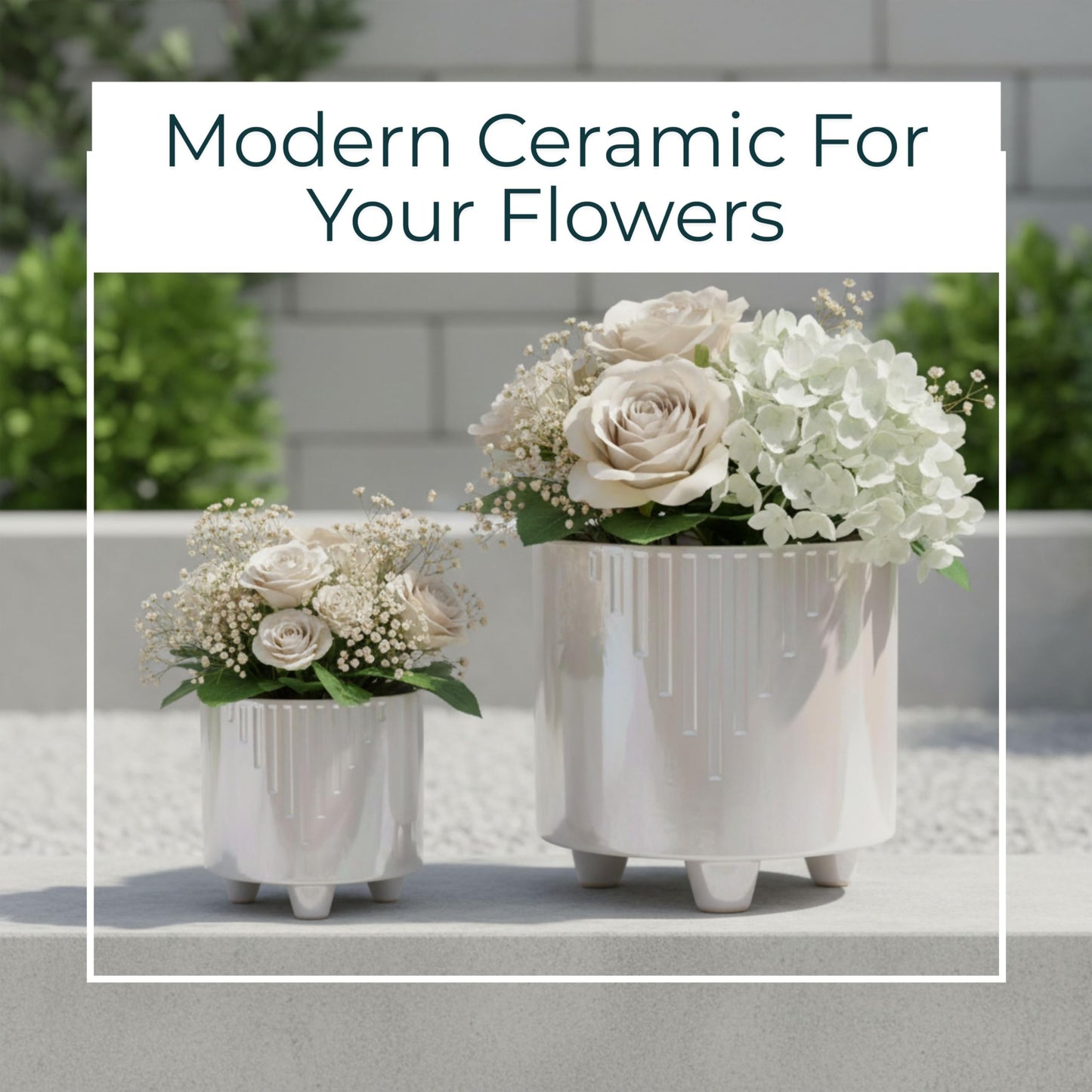Set of 2 Iridescent Line Footed Planters with Ivory Accents – Ceramic Stoneware Outdoor & Indoor Plant Pot – Modern Garden & Home Decor Ceramic Planters – 6" & 8", Ivory