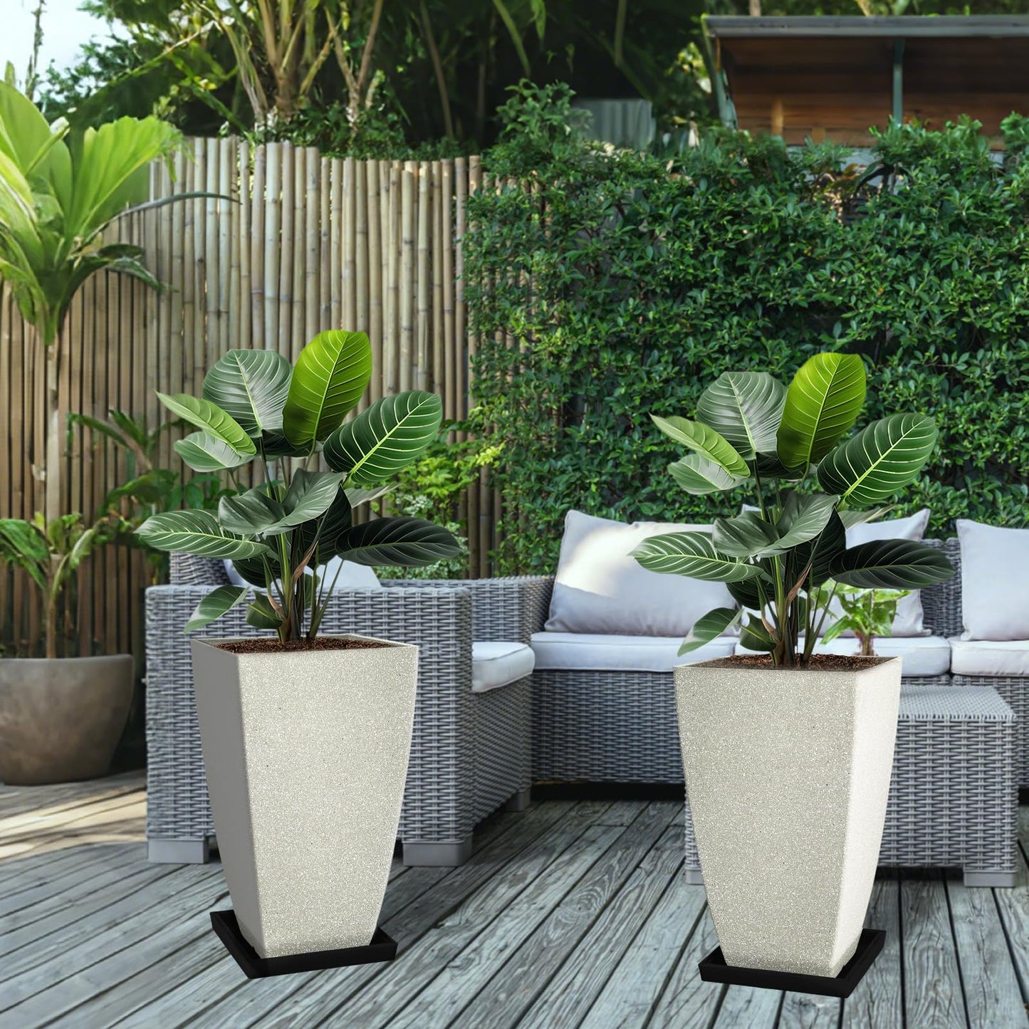 FIASON Set of 2 Large Tall 21 Inch Planter Pots Indoor/Outdoor-Matte Grey Square Flower Planters with Tray for Patio, Front Door, Deck | Weather-Resistant & Lightweight Plastic (Grey)