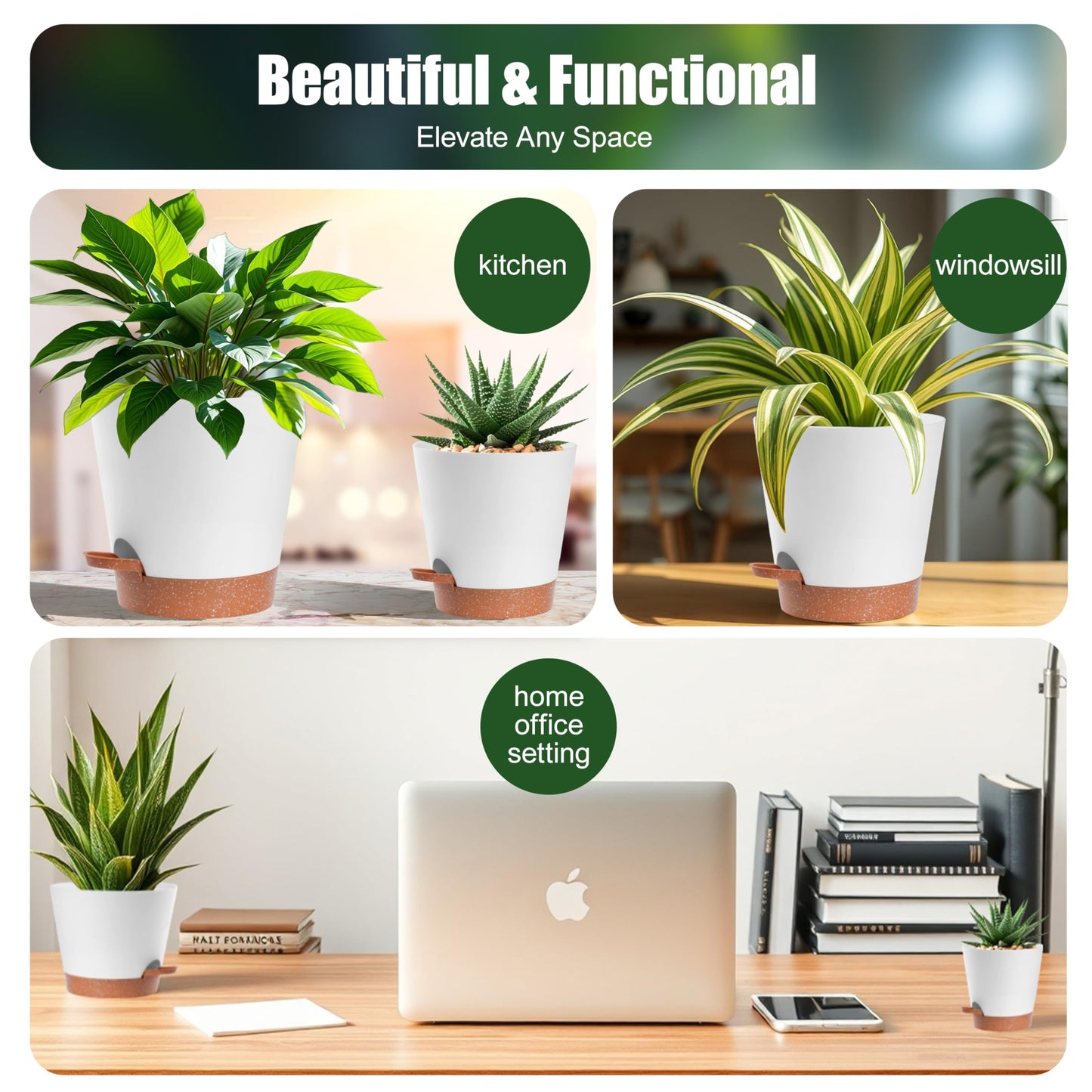 Self-Watering Plant Pots Set of 5 - 7", 6.5", 6.02", 5.55", 5.08" Draining Pots for Indoor and Outdoor plants with Drainage Holes, Soil Moisture Indicator & Saucer Reservoir - Modern White Design