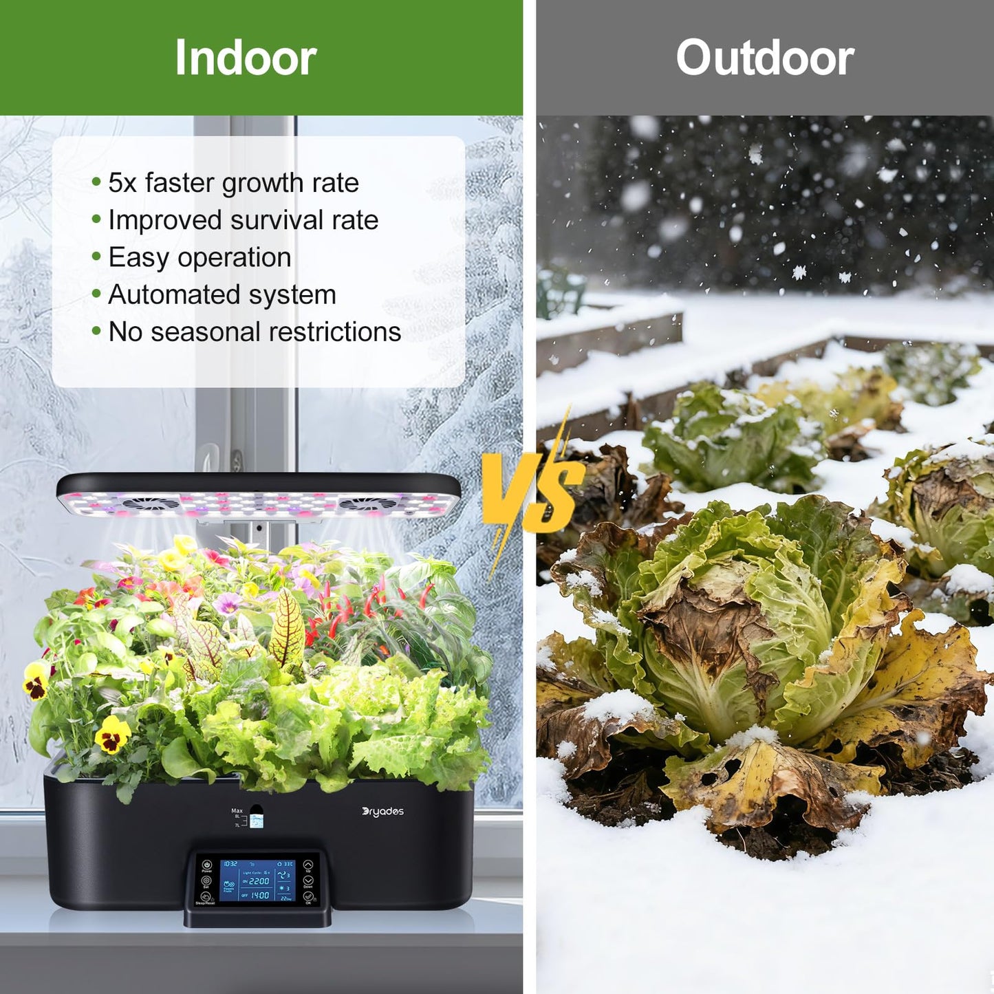 DRYADES 17-Pods Hydroponic Growing System with Dual Fans 24W Full-Spectrum Grow Light & Smart Control Panel for Indoor Gardening for Vegetables Herbs