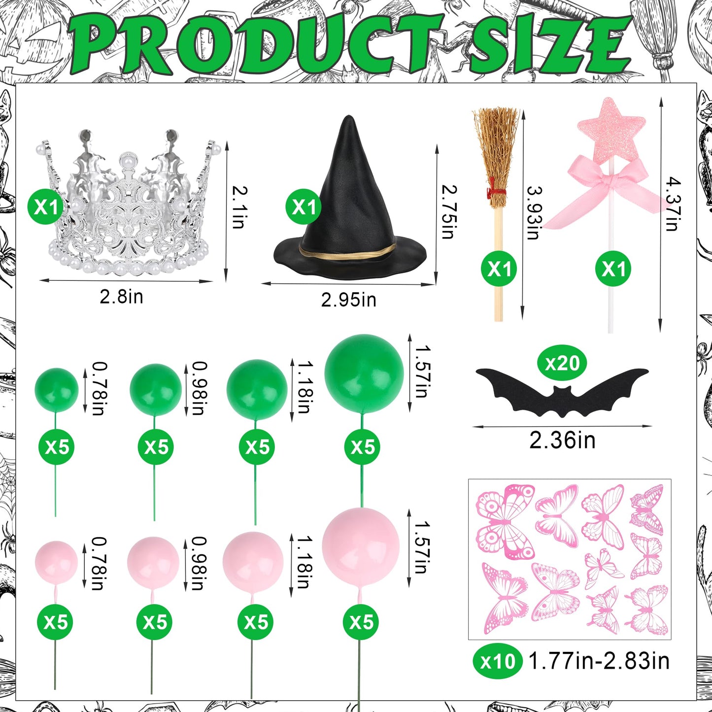 74 Pcs Witch Theme Cake Decorations Party Supplies - Green&Pink Balloons, Mini Witch Hat, Crown, Broom, Magic Wand, Bat and Butterfly Cake Topper - for Princess Witch Halloween Birthday Decoration