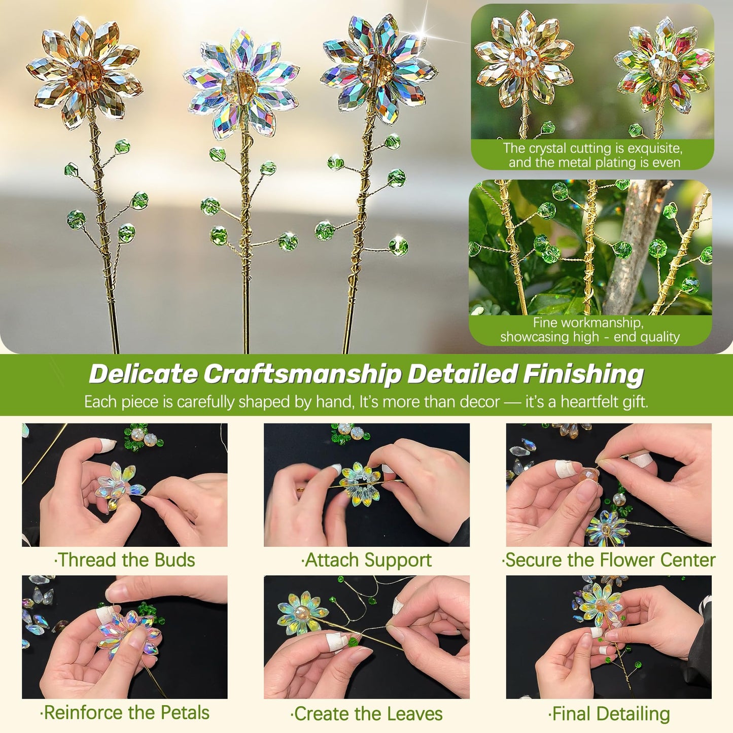 H&D HYALINE & DORA 3 Pcs Crystal Sunflower Suncatchers with 13'' Gold Trellis Metal Plant Stake for Indoor Outdoor Garden Potted Plants Decorations Plant Lover Gift(Ab, Red, Amber)