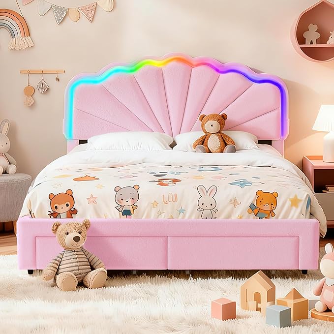 Full Upholstered Bed with 2 Drawers, Charging Station and LED Lighting