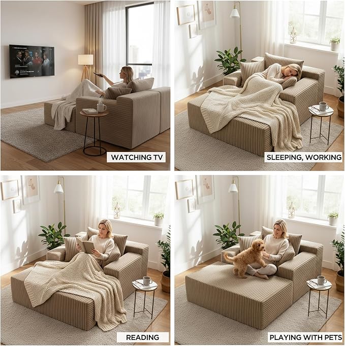 Sytopia Chaise Lounge with Armrests, Oversized Sofa Bed with 3 Pillows