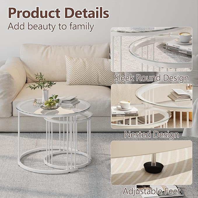 Garden 4 you Nesting Coffee Table, 23.6" Round Coffee Table Set of 2, Glass