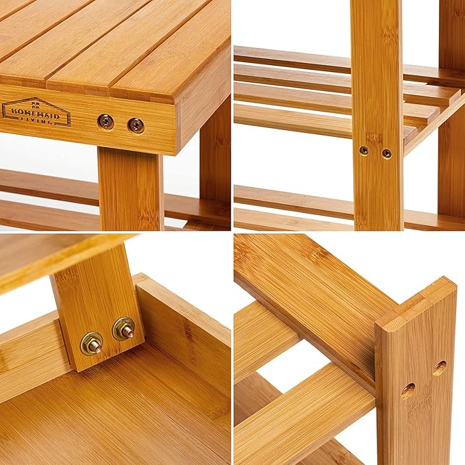 Purawood Bamboo 3 Tier Shoe Rack Bench, Premium Shoe Organizer or Entryway Bench