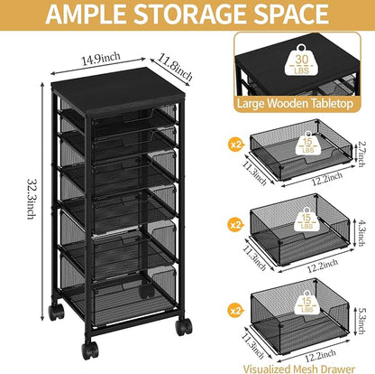 Sbanmao 6 Drawers Rolling Utility Cart, Rolling Storage Cart with Wooden Tabletop, Storage Drawer Cart on Lockable Wheels, Craft Cart for Bedroom, Classroom, Office, Black