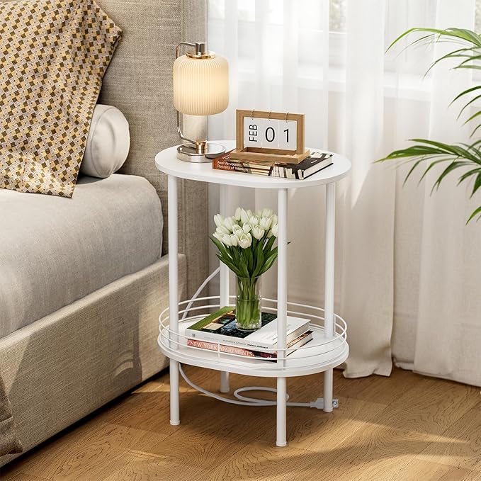 DGSANDGO White Side Table with Charging Station, Side Tables Living Room