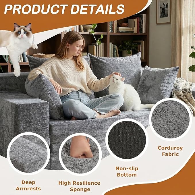 Loveseat Sofa Bed, Convertible Silky Velvet 5-in-1 Foldable Boneless Sleeper