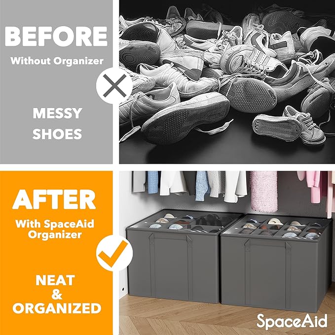 SpaceAid Shoe Organizer for Closet, 2 Pack Foldable Shoe Storage Containers
