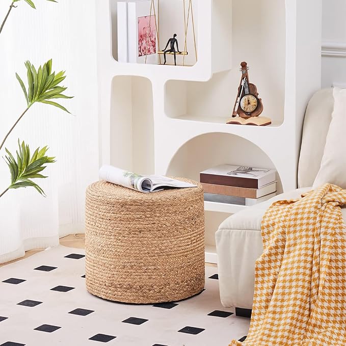 Wimarsbon 18'' Pouf Ottoman, Natural Braided Poof, Round Poufs, Rustic