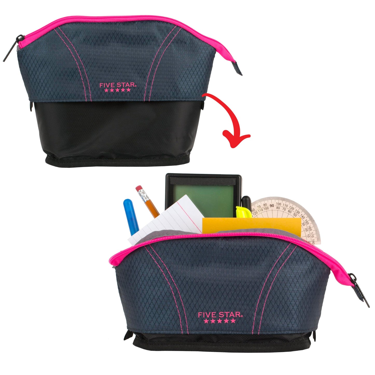 Five Star Pencil Pouch, Pen Case, Quick View Expandable Zipper Pouch, Storage Organizer for School Supplies Earbuds Chargers Cables Makeup, Navy/Pink (507610B-ECM)
