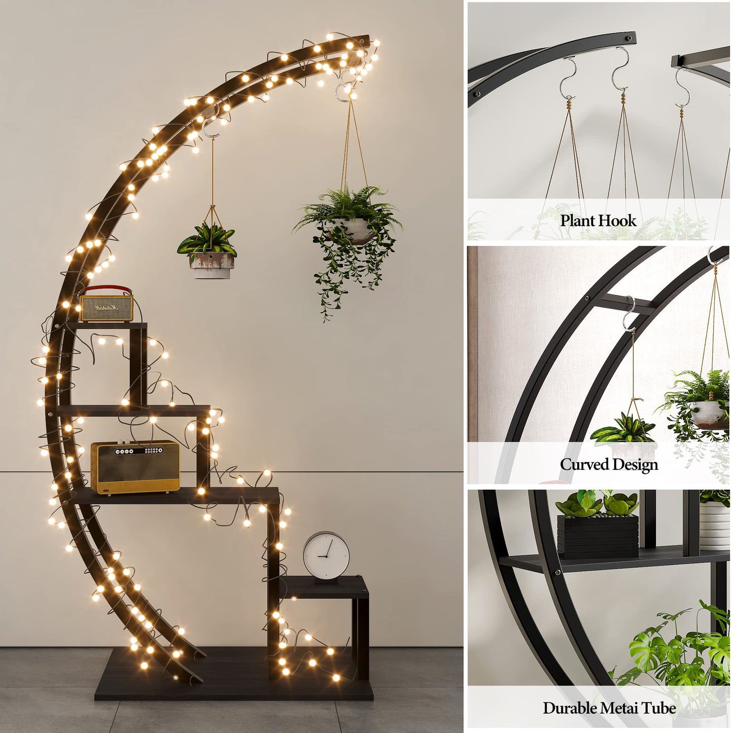 GarveeLife Plant Stand Indoor 5 Tier Tall, Metal Half Moon Plant Shelf 2 Pack, Stylish Tiered Flower Rack for Multiple Plants Display, Tall and Space-Saving Design
