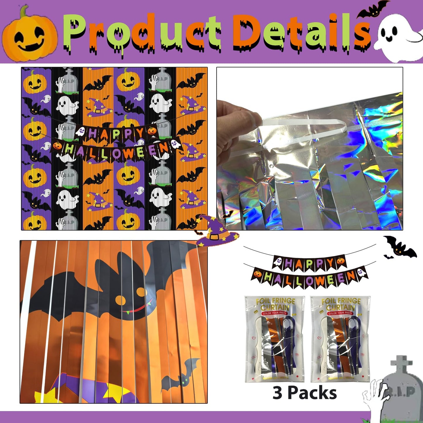 OQOQ Halloween Party Decorations Backdrops, 2 Pcs 3.3x6.6 Ft Tinsel Foil Fringe Curtains & 1 Pcs Happy Halloween Banner, Streamer Large Photo Booth Props Indoor Party Decor